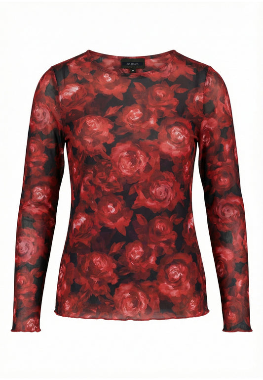 OxMesh Bluse med Røde Blomster