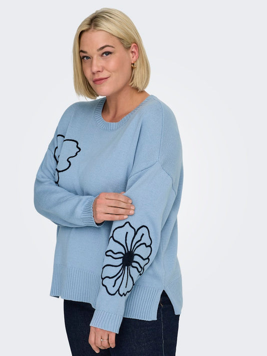 CarPetra - Strikbluse med Broderet Blomst