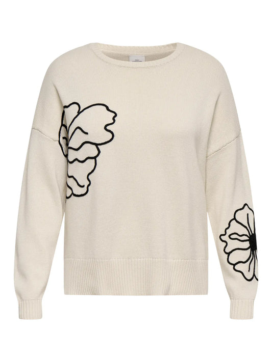 CarPetra - Strikbluse med Broderet Blomst
